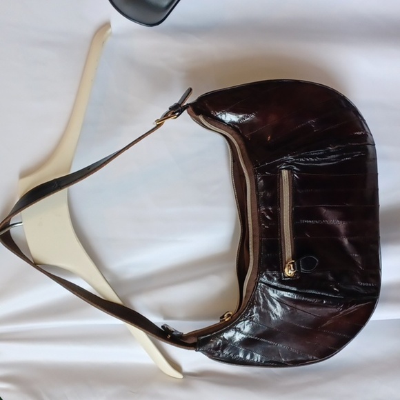 Vintage Genuine Brown Soft Leather EEL Skin Burgundy Shoulder Bag, 13" x 7" - Picture 1 of 8